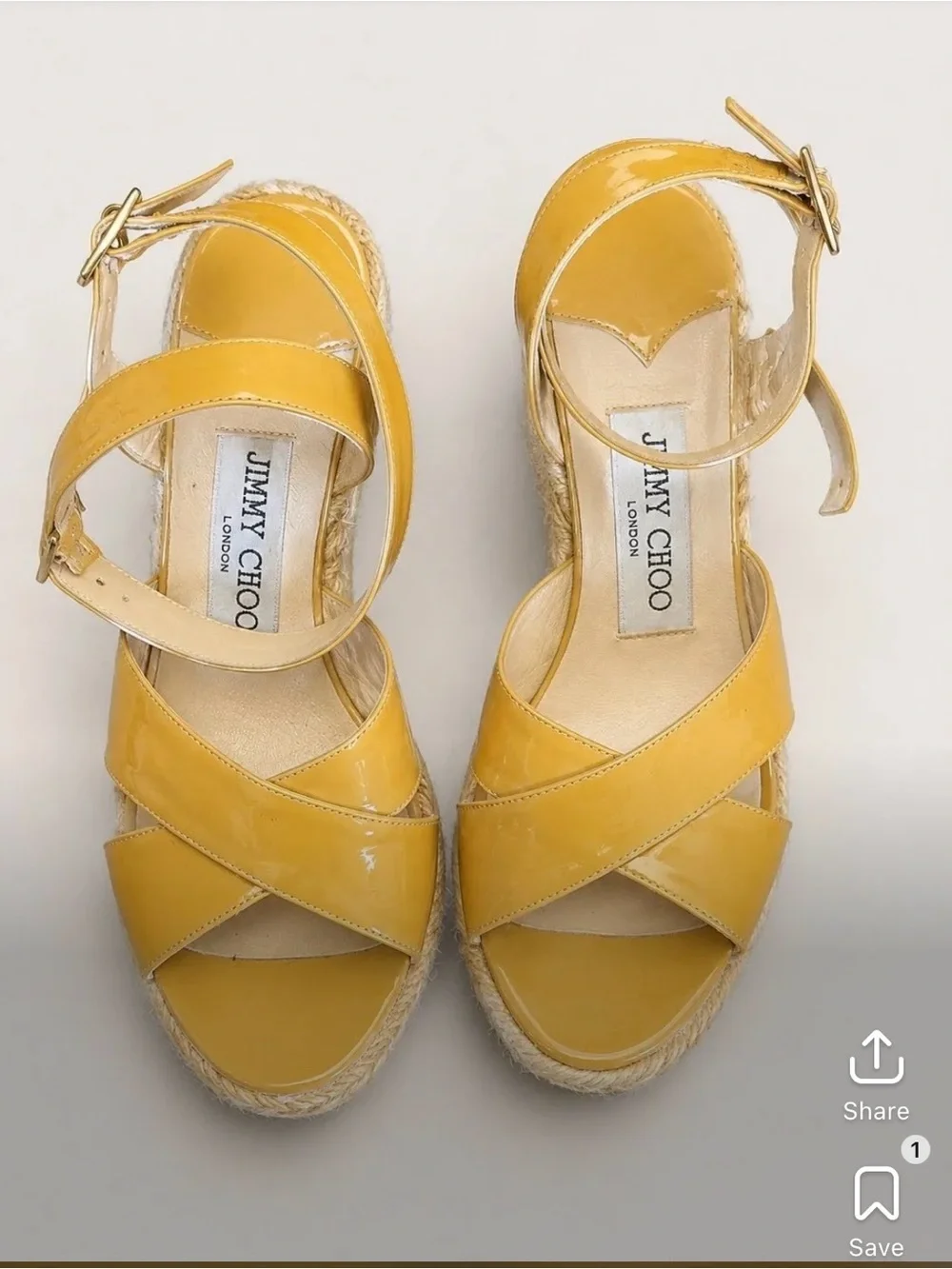 Jimmy Choo Yellow Patent Leather Wedge Sandals with Espadrille Sole